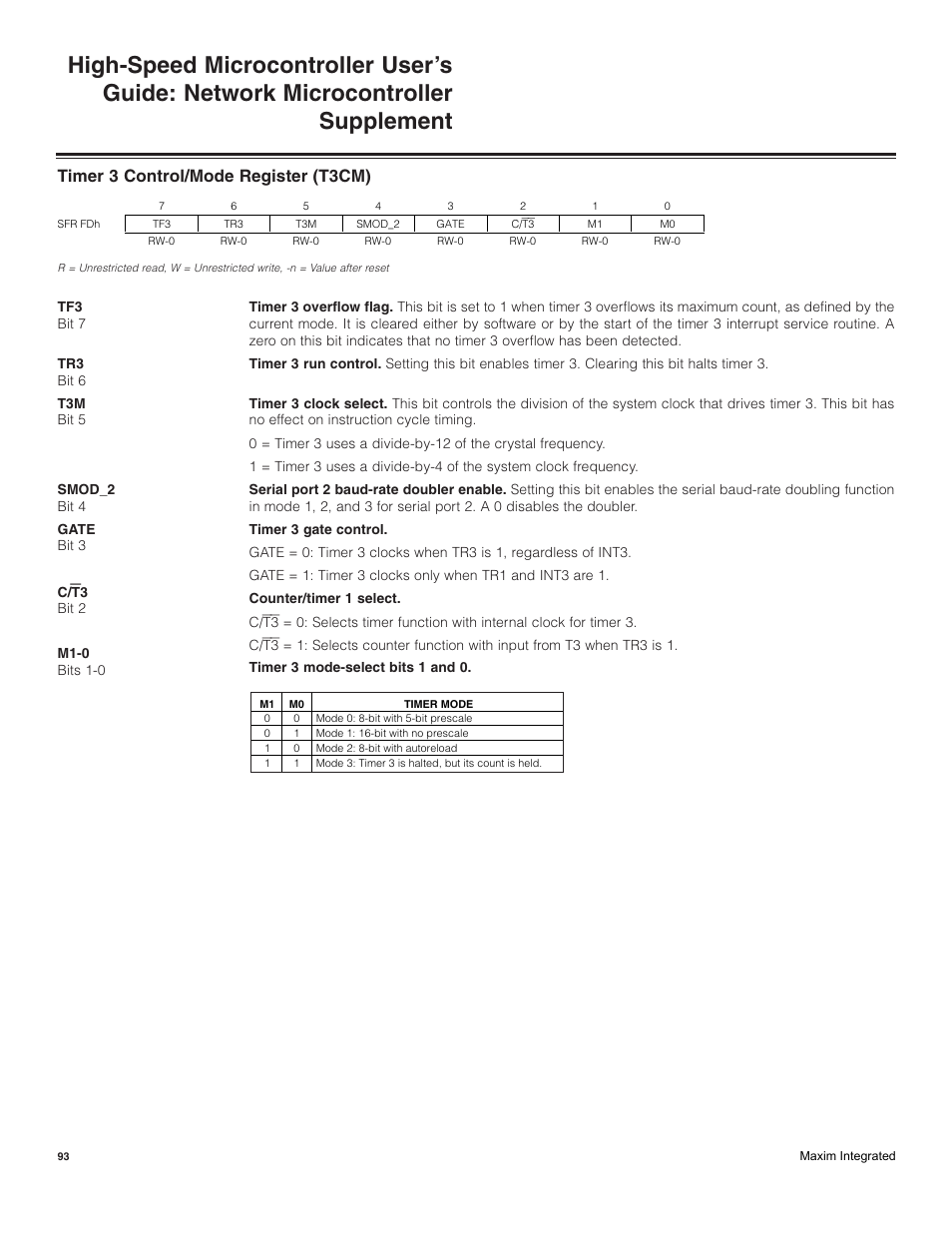 Timer 3 control/mode register (t3cm) | Maxim Integrated High-Speed Microcontroller Users Guide: Network Microcontroller Supplement User Manual | Page 93 / 221