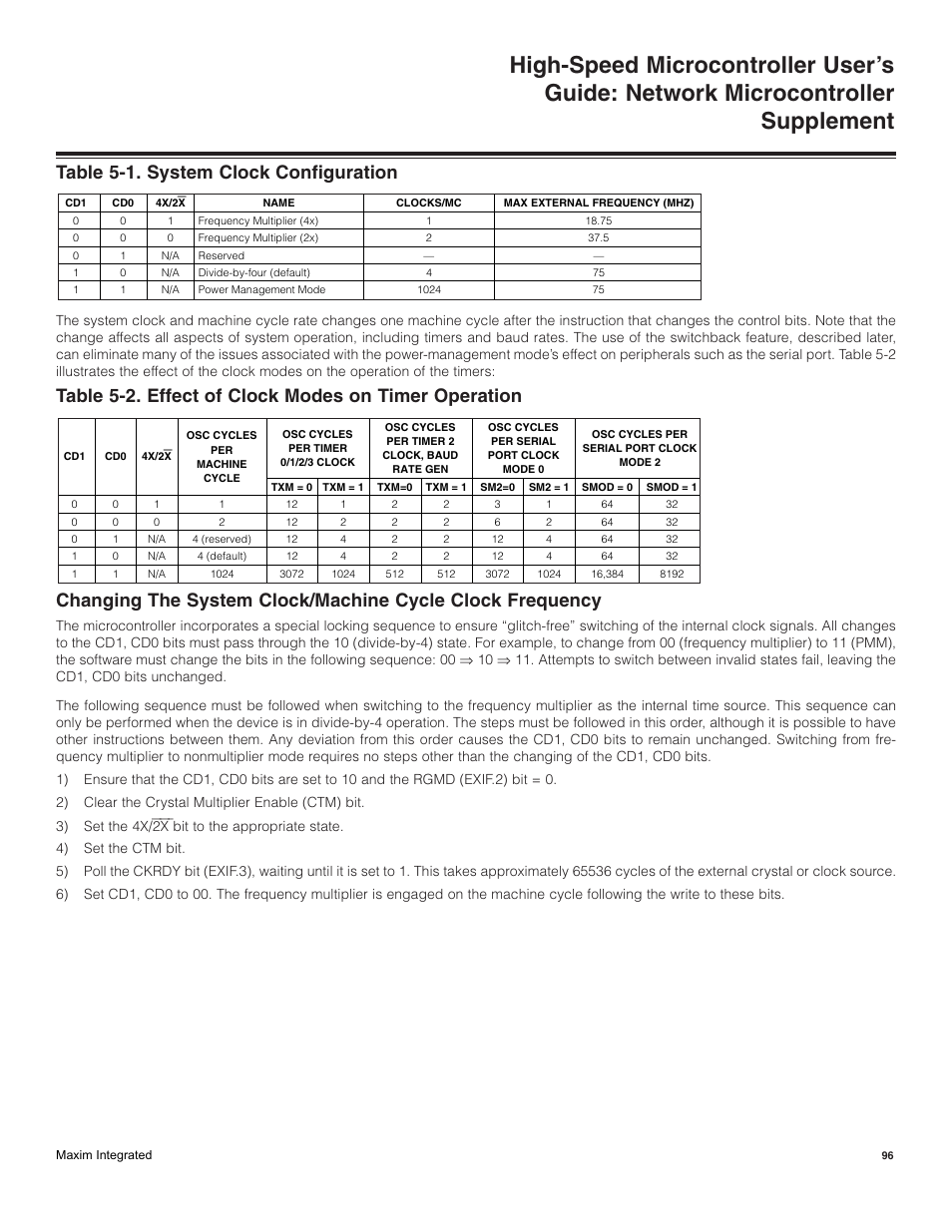 Table 5-1. system clock configuration | Maxim Integrated High-Speed Microcontroller Users Guide: Network Microcontroller Supplement User Manual | Page 96 / 221
