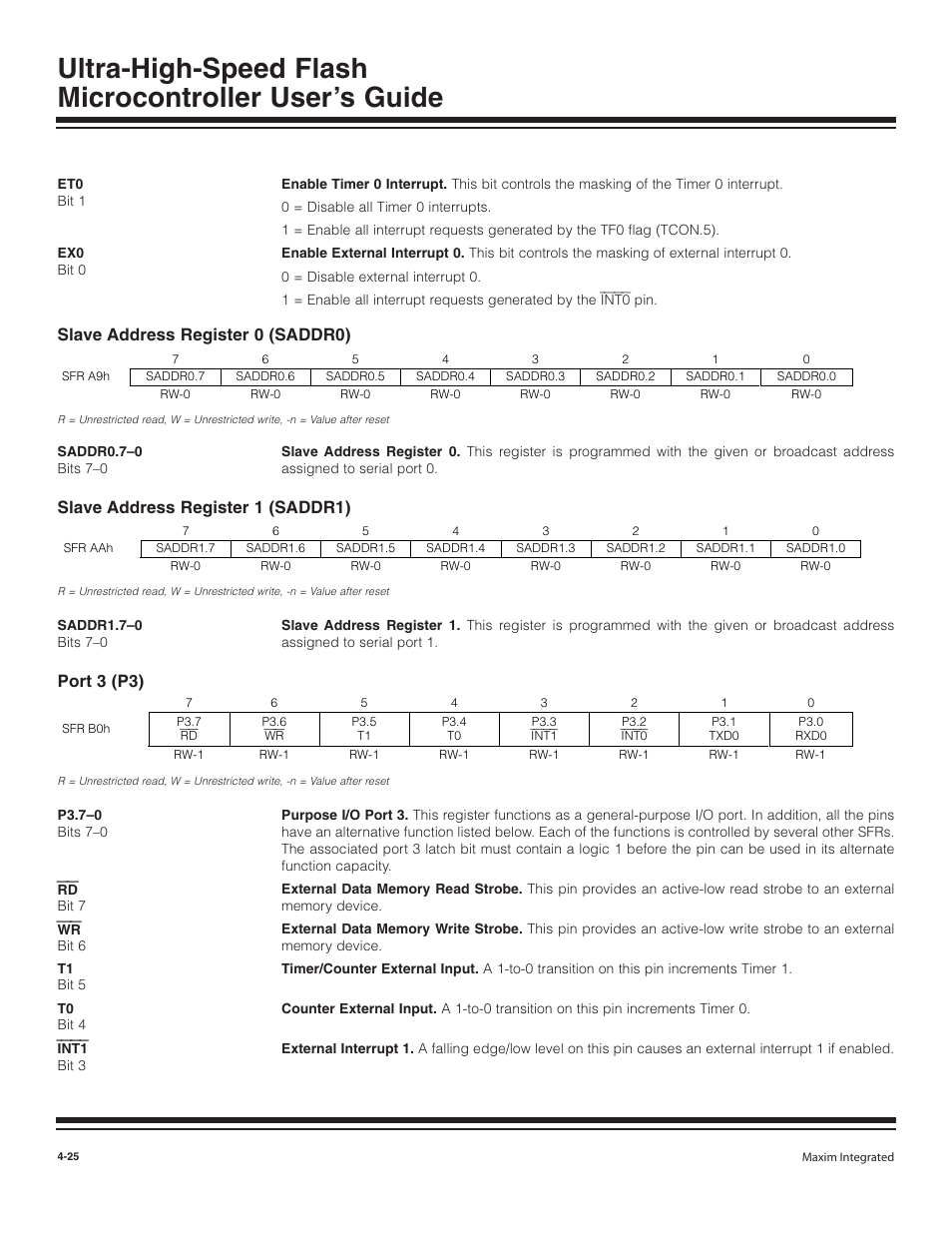 Slave address register 0 (sa, Slave address register 1 (sa, Port 3 (p3) | Slave address register 0 (saddr0) -25, Slave address register 1 (saddr1) -25, Port 3 (p3) -25, Slave address register 1 (saddr1), Slave address register 0 (saddr0) | Maxim Integrated Ultra-High-Speed Flash Microcontroller User Manual | Page 33 / 169