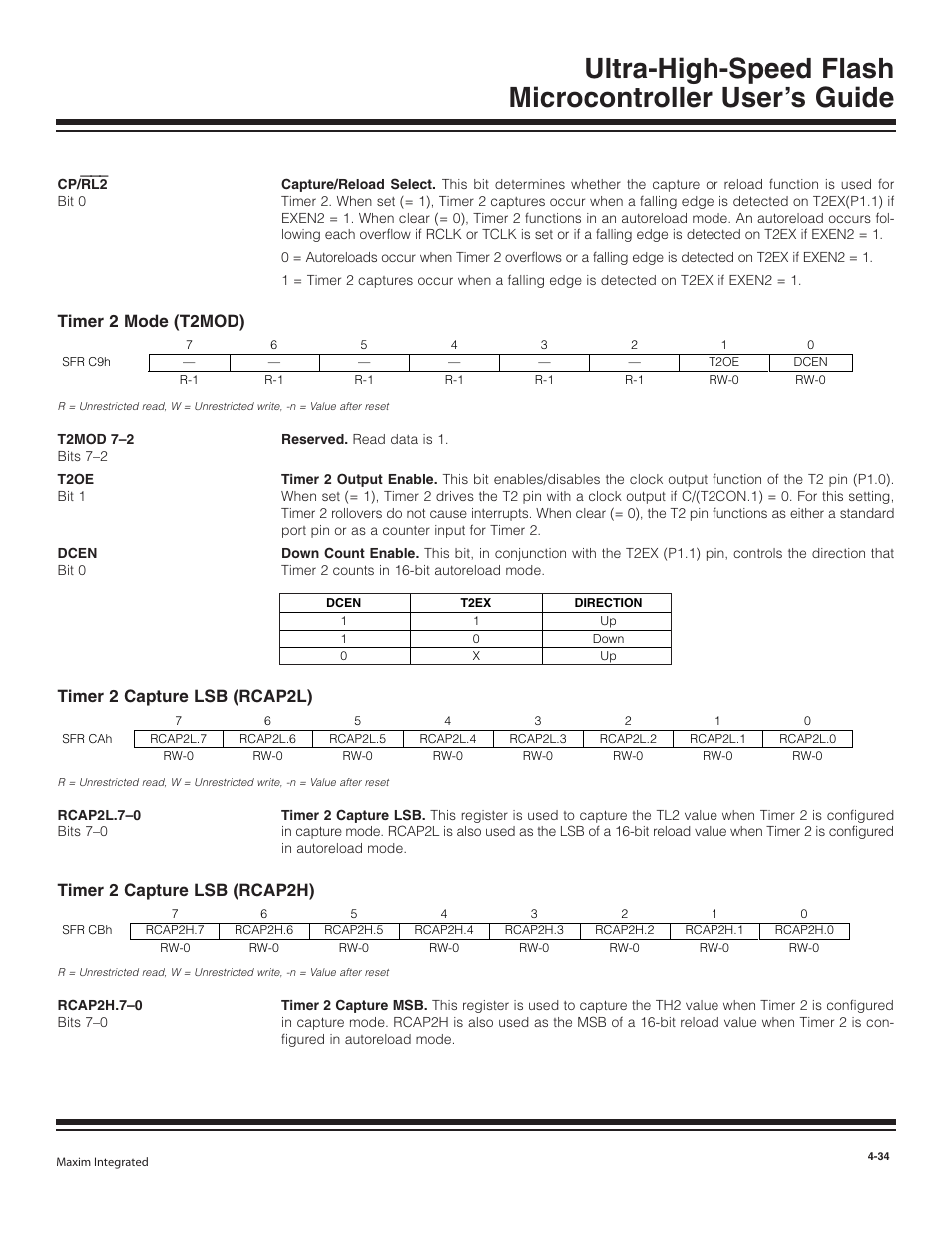 Timer 2 mode (t2mod), Timer 2 capture lsb (rcap2l), Timer 2 capture lsb (rcap2h) | Timer 2 mode (t2mod) -34, Timer 2 capture lsb (rcap2l) -34, Timer 2 capture lsb (rcap2h) -34 | Maxim Integrated Ultra-High-Speed Flash Microcontroller User Manual | Page 42 / 169