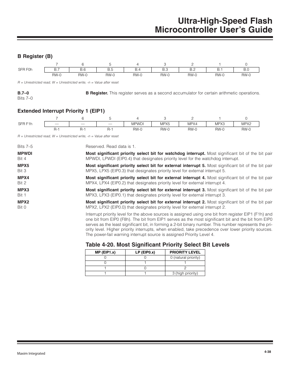 B register (b), Extended interrupt priority, B register (b) -38 | Extended interrupt priority 1 (eip1) -38, Extended interrupt priority 1 (eip1) | Maxim Integrated Ultra-High-Speed Flash Microcontroller User Manual | Page 46 / 169