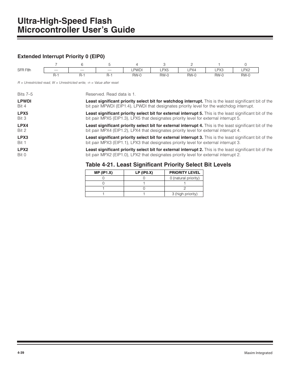 Extended interrupt priority, Extended interrupt priority 0 (eip0) -39, Extended interrupt priority 0 (eip0) | Maxim Integrated Ultra-High-Speed Flash Microcontroller User Manual | Page 47 / 169