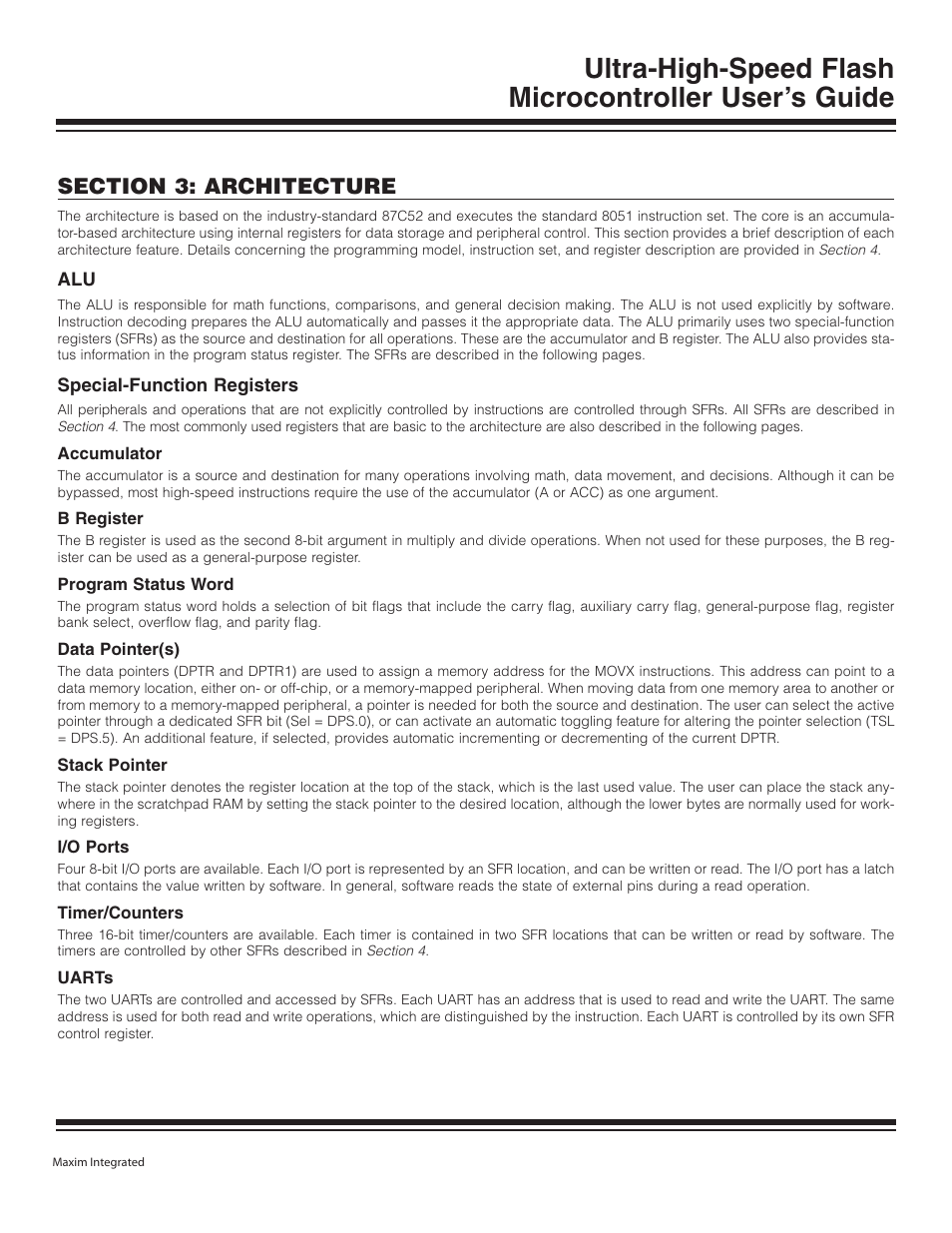Special-function registers, Accumulator, B register | Program status word, Data pointer(s), Stack pointer, I/o ports, Timer/counters, Uarts, Alu -2 | Maxim Integrated Ultra-High-Speed Flash Microcontroller User Manual | Page 6 / 169