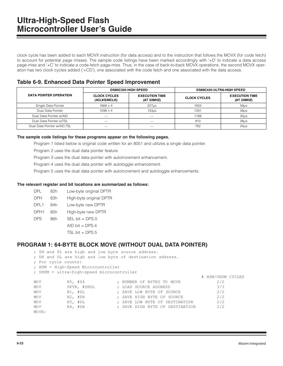 Table 6-9. enhanced data pointer speed improvement | Maxim Integrated Ultra-High-Speed Flash Microcontroller User Manual | Page 90 / 169