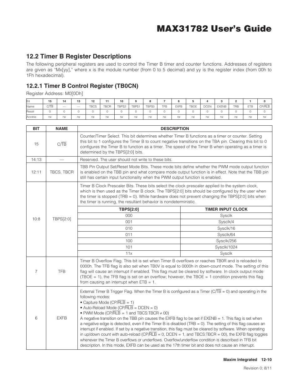 2 timer b register descriptions, 1 timer b control register (tb0cn), 12 .2 timer b register descriptions -10 | 12 .2 .1 timer b control register (tb0cn) -10, 2timerbregisterdescriptions, 1timerbcontrolregister(tb0cn) | Maxim Integrated MAX31782 User Manual | Page 112 / 223
