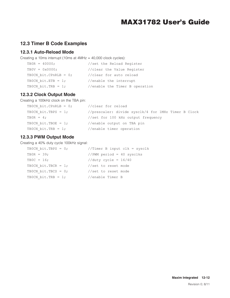 3 timer b code examples, 1 auto-reload mode, 2 clock output mode | 3 pwm output mode, 12 .3 timer b code examples -12, 3timerbcodeexamples, 1auto-reloadmode, 2clockoutputmode, 3pwmoutputmode | Maxim Integrated MAX31782 User Manual | Page 114 / 223