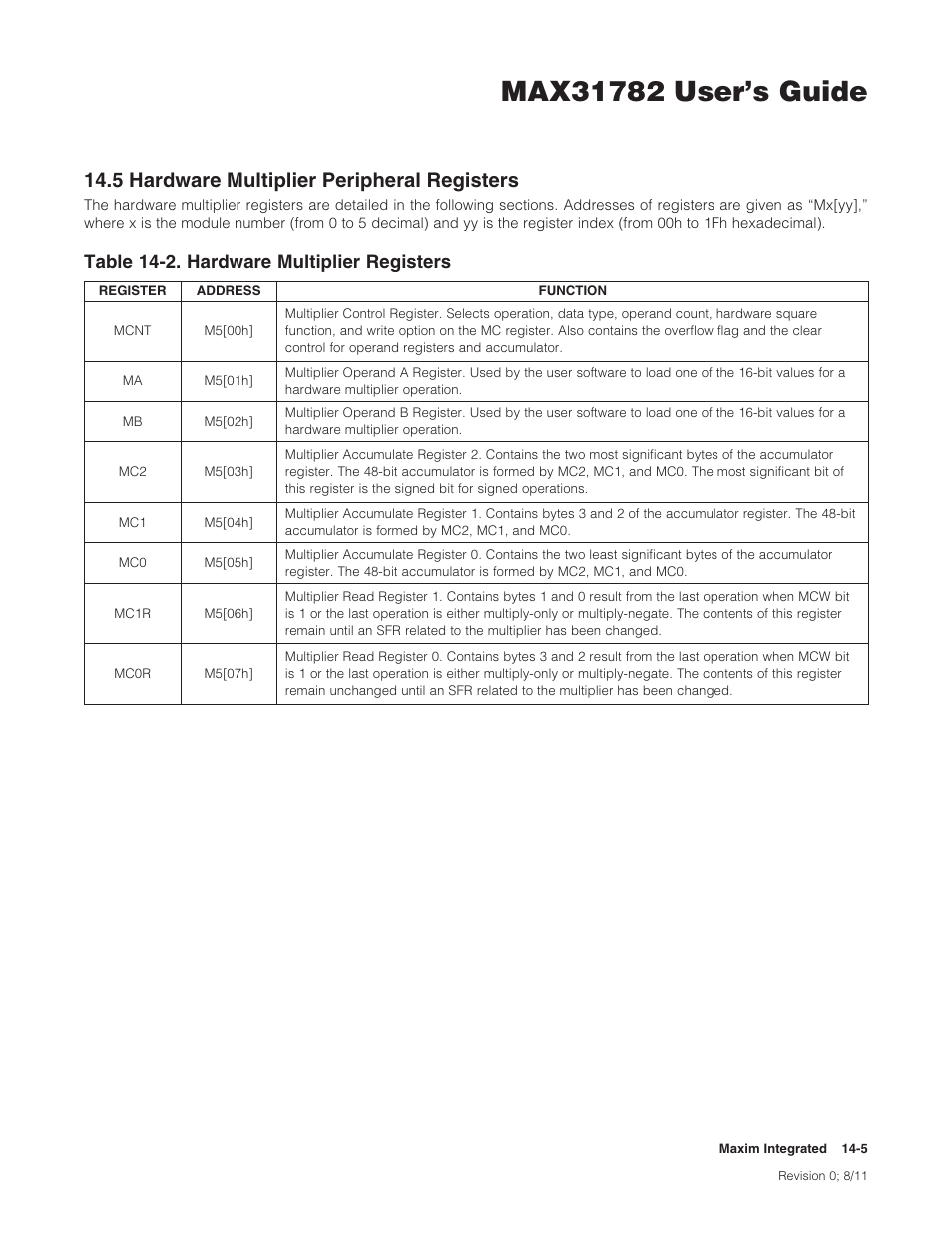 5 hardware multiplier peripheral registers, 14 .5 hardware multiplier peripheral registers -5, Table 14-2 . hardware multiplier registers -5 | 5hardwaremultiplierperipheralregisters, Table14-2.hardwaremultiplierregisters | Maxim Integrated MAX31782 User Manual | Page 120 / 223