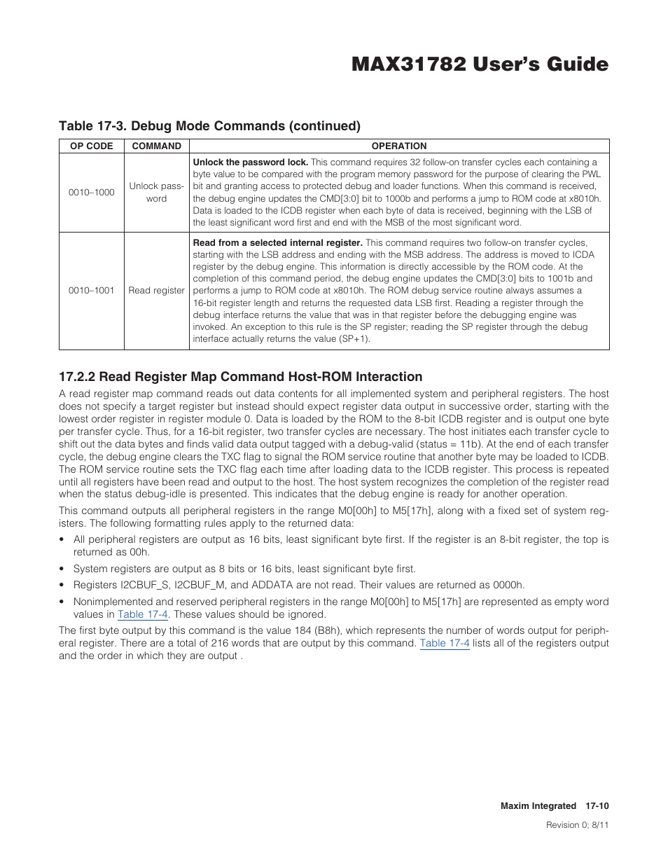 2 read register map command host-rom interaction, 2readregistermapcommandhost-rominteraction, Table17-3.debugmodecommands(continued) | Maxim Integrated MAX31782 User Manual | Page 145 / 223