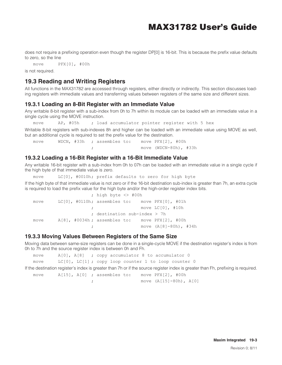 3 reading and writing registers, 3 moving values between registers of the same size, 19 .3 reading and writing registers -3 | 3readingandwritingregisters, 3movingvaluesbetweenregistersofthesamesize | Maxim Integrated MAX31782 User Manual | Page 168 / 223
