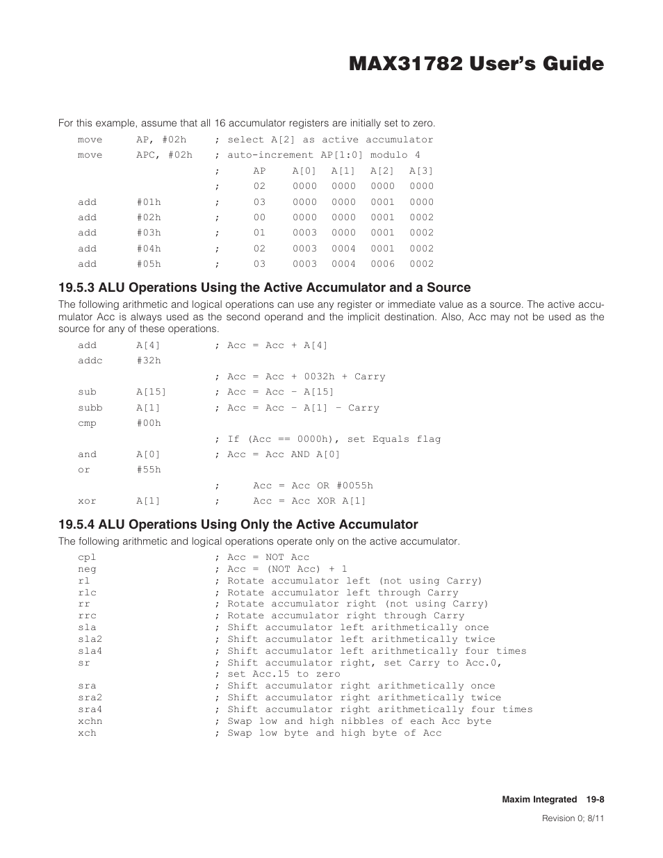 4 alu operations using only the active accumulator, 4aluoperationsusingonlytheactiveaccumulator | Maxim Integrated MAX31782 User Manual | Page 173 / 223