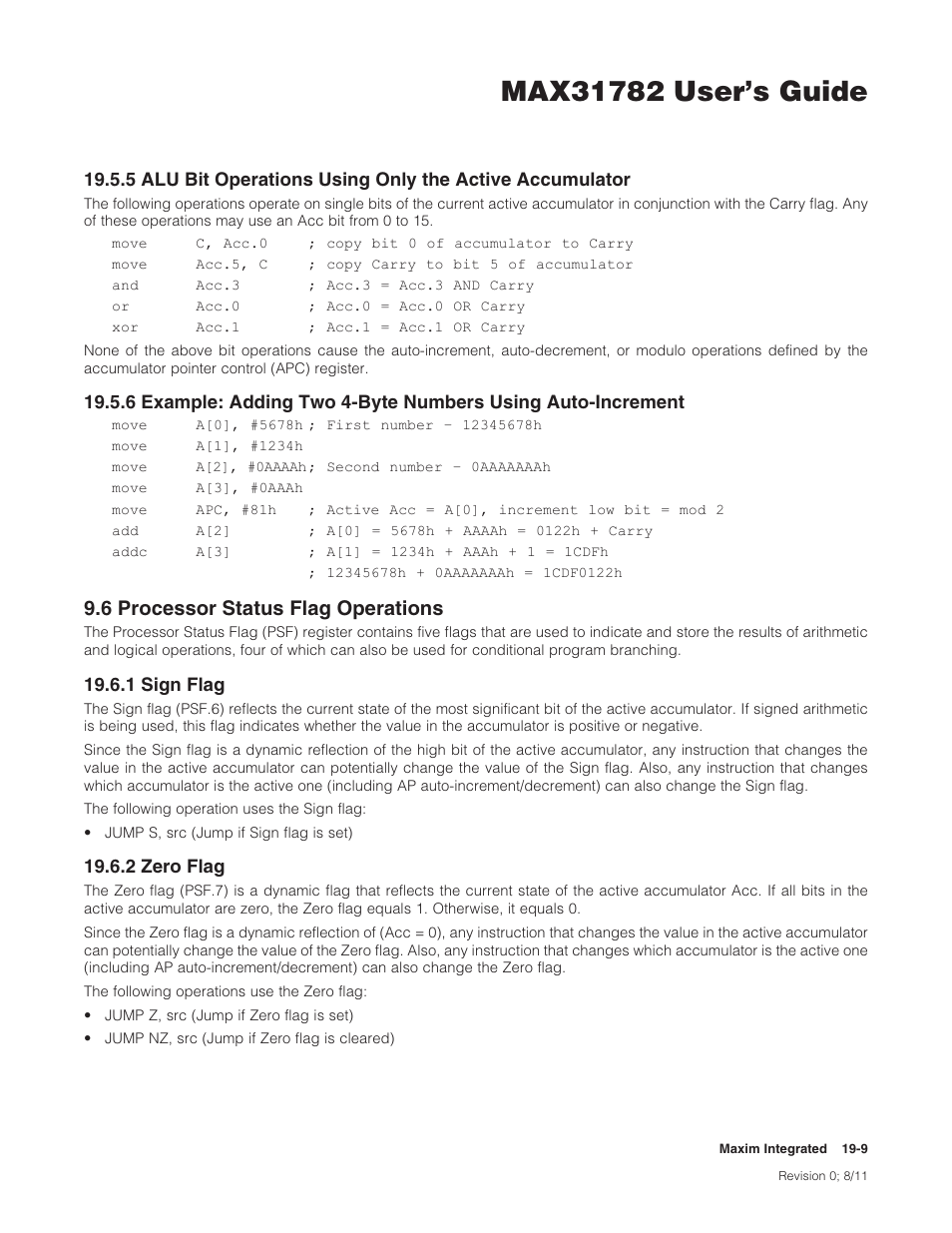6 processor status flag operations, 1 sign flag, 2 zero flag | 9 .6 processor status flag operations -9, 19 .6 .1 sign flag -9 19 .6 .2 zero flag -9, 6processorstatusflagoperations | Maxim Integrated MAX31782 User Manual | Page 174 / 223