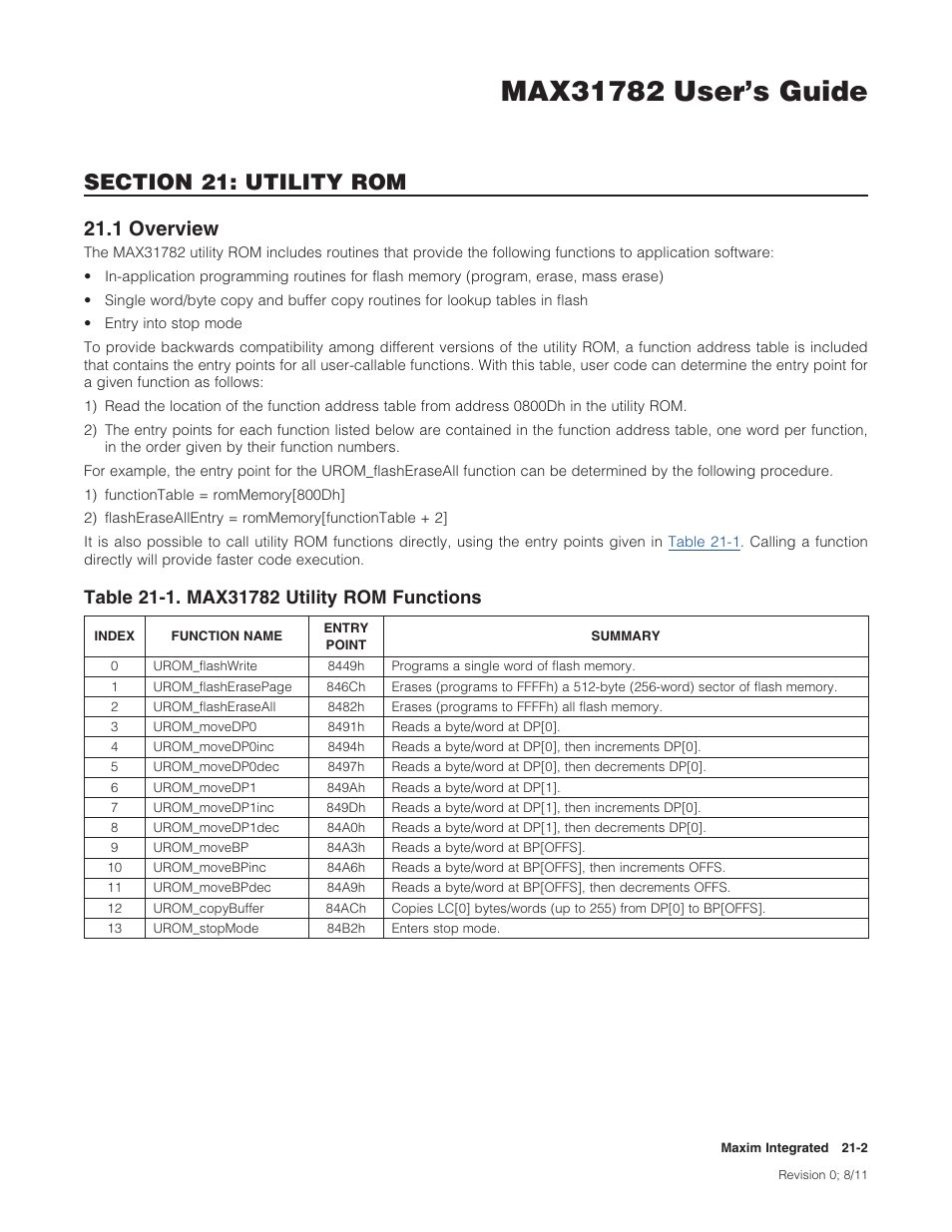 1 overview, 21 .1 overview -2, Table 21-1 . max31782 utility rom functions -2 | 1overview | Maxim Integrated MAX31782 User Manual | Page 215 / 223