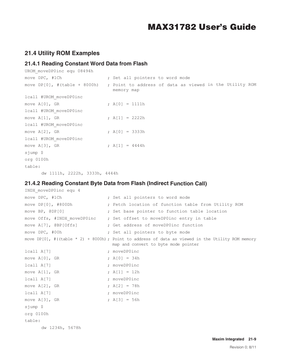 4 utility rom examples, 1 reading constant word data from flash, 21 .4 utility rom examples -9 | 4utilityromexamples, 1readingconstantworddatafromflash | Maxim Integrated MAX31782 User Manual | Page 222 / 223