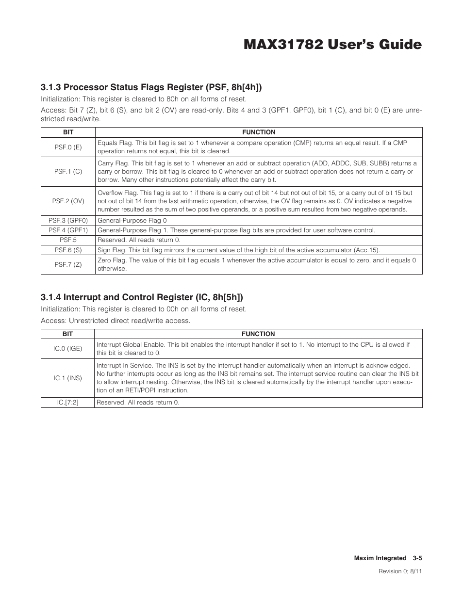 3 processor status flags register (psf, 8h[4h]), 4 interrupt and control register (ic, 8h[5h]), 3processorstatusflagsregister(psf,8h[4h]) | 4interruptandcontrolregister(ic,8h[5h]) | Maxim Integrated MAX31782 User Manual | Page 23 / 223