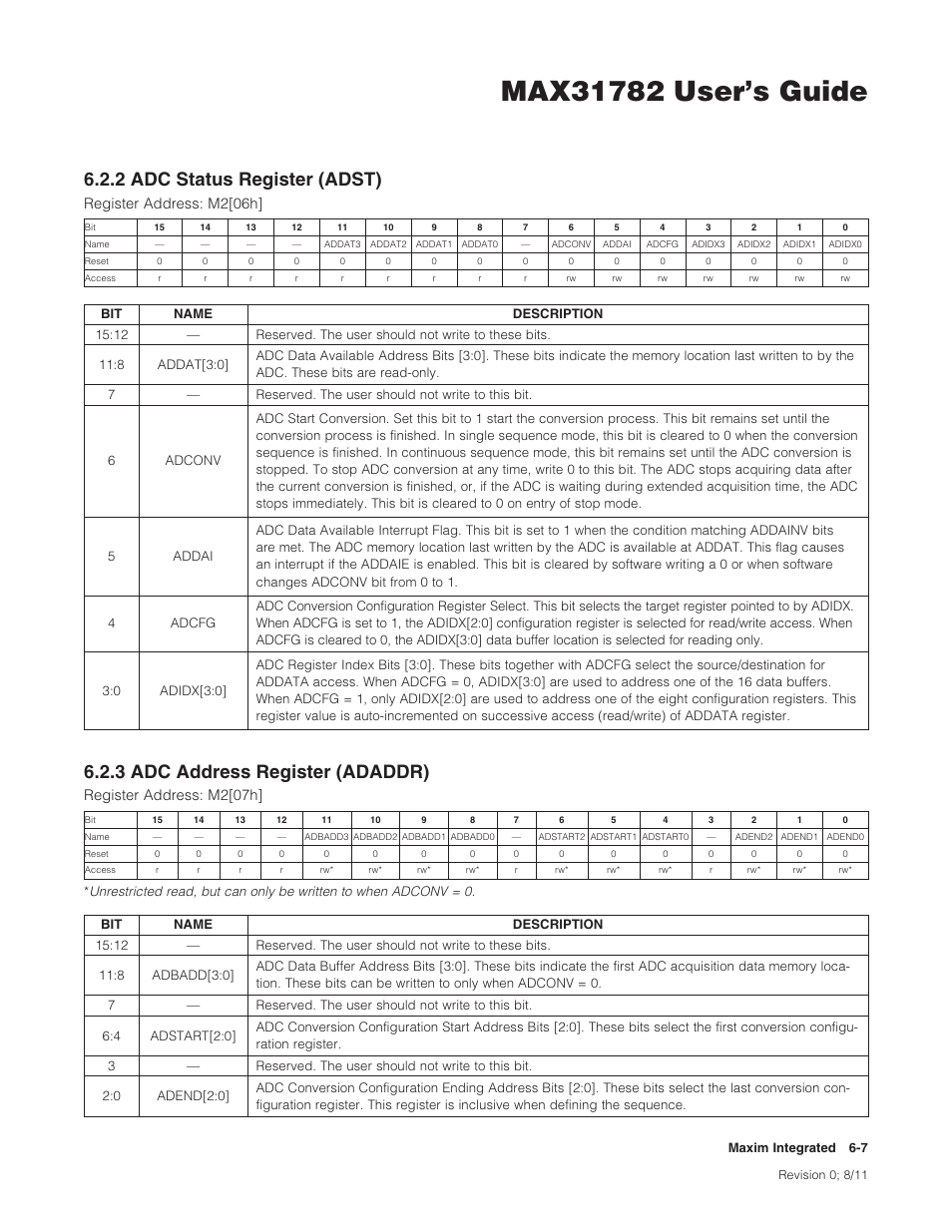2 adc status register (adst), 3 adc address register (adaddr), 2adcstatusregister(adst) | 3adcaddressregister(adaddr), Register address: m2[06h, Register address: m2[07h | Maxim Integrated MAX31782 User Manual | Page 50 / 223