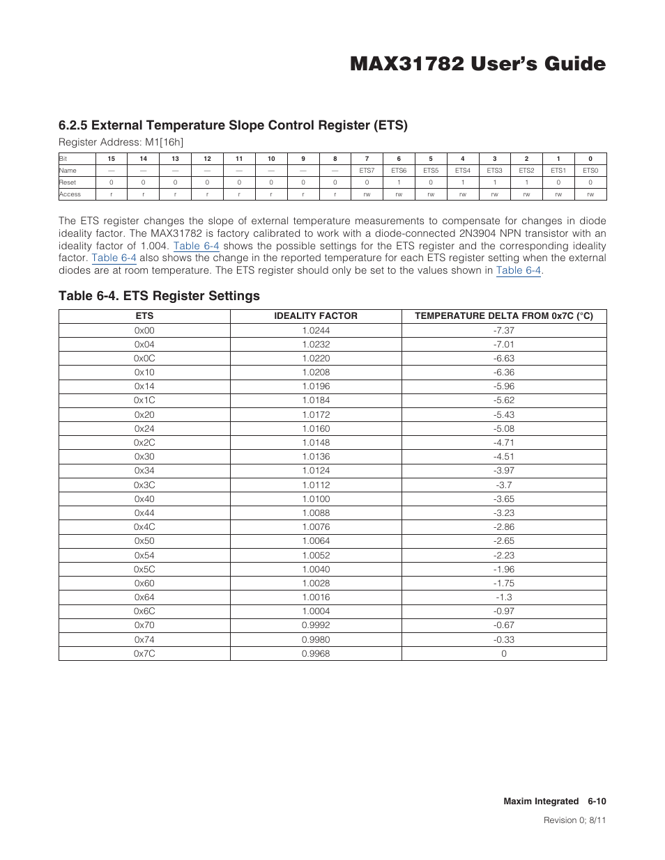 Table 6-4 . ets register settings -10, Table6-4.etsregistersettings | Maxim Integrated MAX31782 User Manual | Page 53 / 223