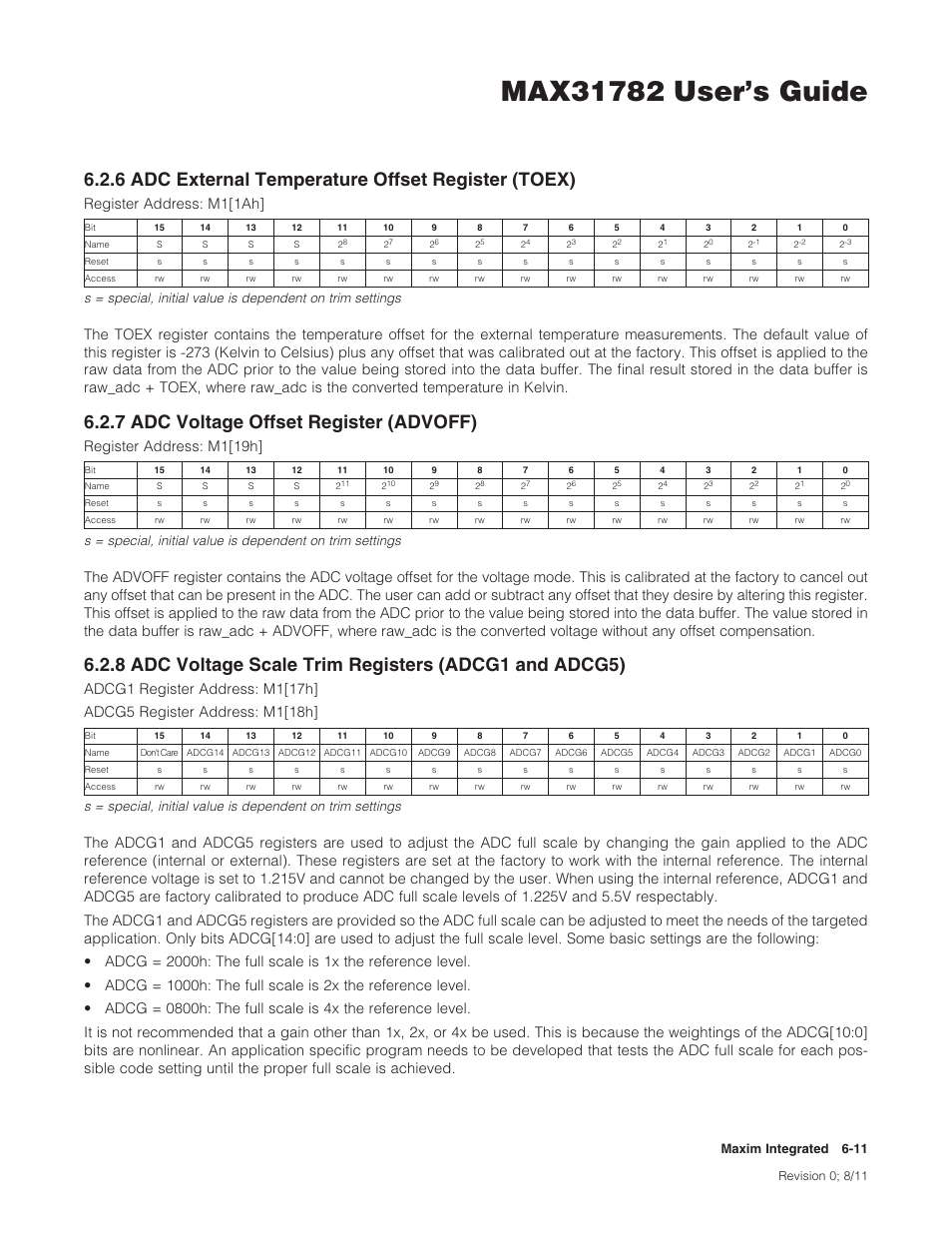6 adc external temperature offset register (toex), 7 adc voltage offset register (advoff), 6adcexternaltemperatureoffsetregister(toex) | 7adcvoltageoffsetregister(advoff), Maximintegrated  6-11 | Maxim Integrated MAX31782 User Manual | Page 54 / 223