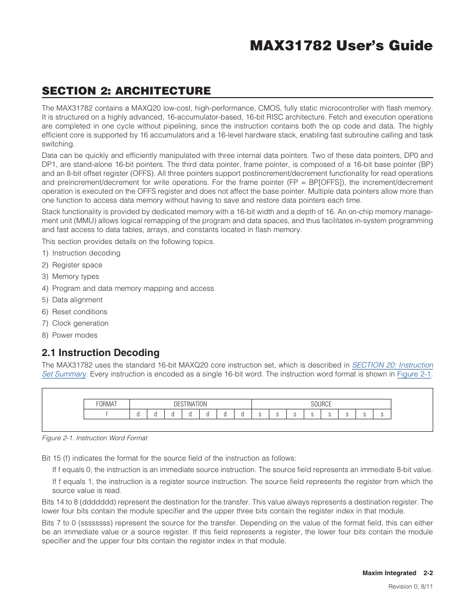 1 instruction decoding, 2 .1 instruction decoding -2, Figure 2-1 . instruction word format -2 | 1instructiondecoding | Maxim Integrated MAX31782 User Manual | Page 6 / 223