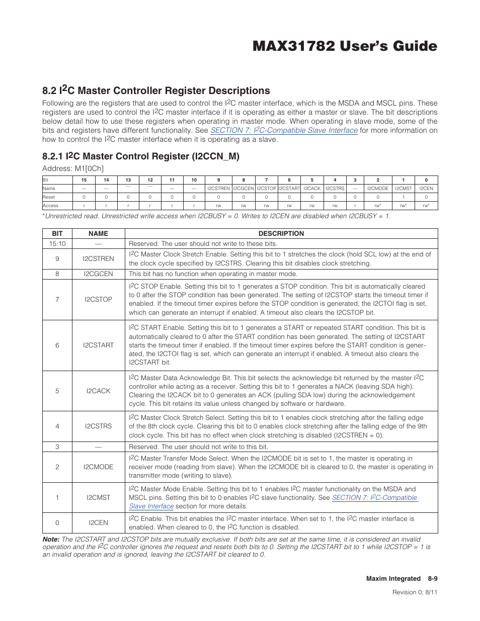 2 i2c master controller register descriptions, 1 i2c master control register (i2ccn_m), 8 .2 i | C master controller register descriptions -9, 8 .2 .1 i, C master control register (i2ccn_m) -9, Cmastercontrollerregisterdescriptions, Cmastercontrolregister(i2ccn�m) | Maxim Integrated MAX31782 User Manual | Page 77 / 223