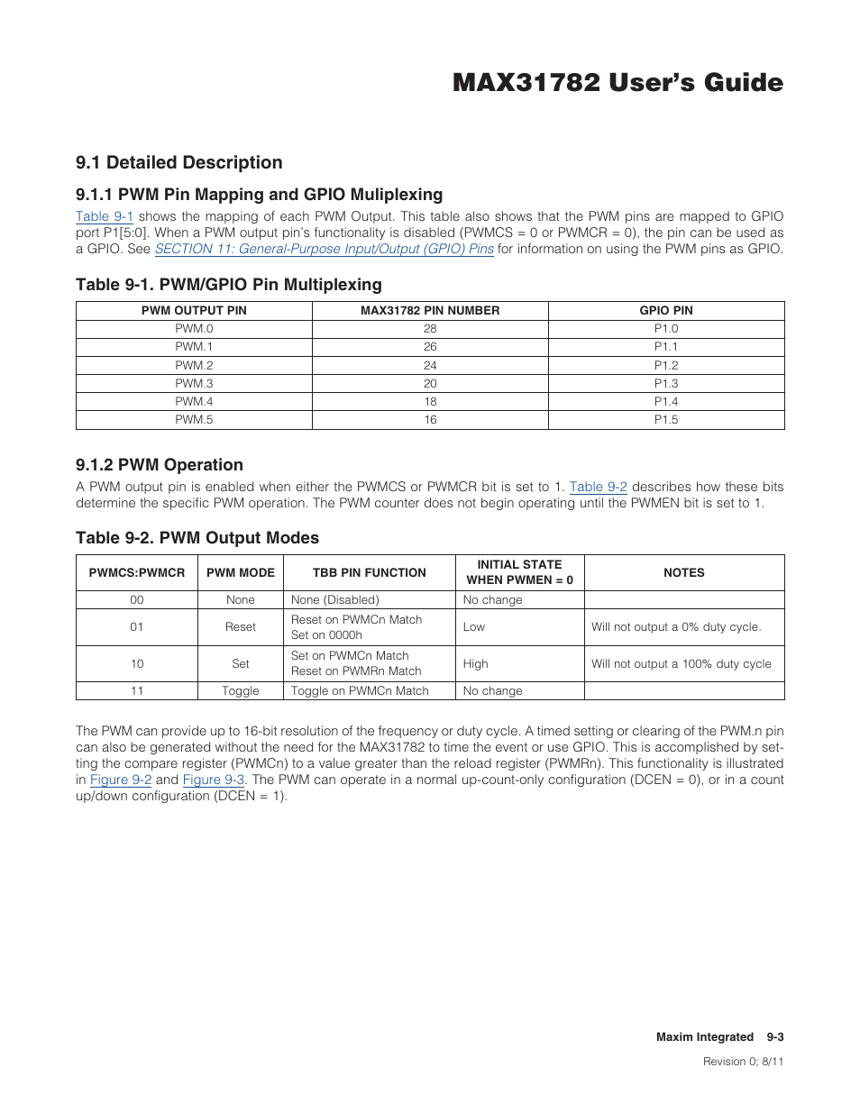 1 detailed description, 1 pwm pin mapping and gpio muliplexing, 2 pwm operation | 9 .1 detailed description -3, 1detaileddescription, 1pwmpinmappingandgpiomuliplexing, 2pwmoperation | Maxim Integrated MAX31782 User Manual | Page 84 / 223