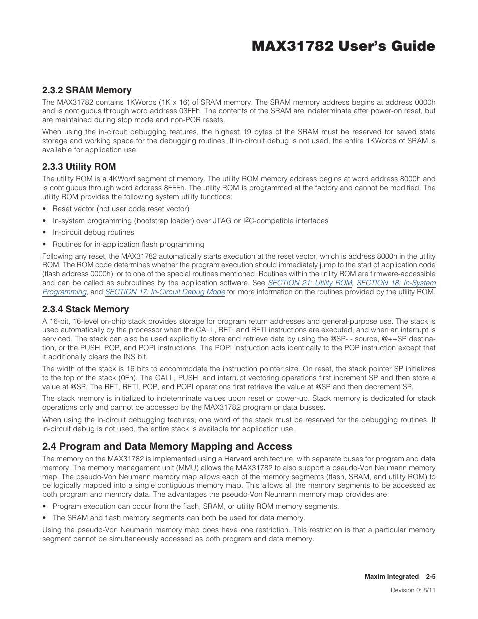 2 sram memory, 3 utility rom, 4 stack memory | 4 program and data memory mapping and access, 2 .4 program and data memory mapping and access -5 | Maxim Integrated MAX31782 User Manual | Page 9 / 223