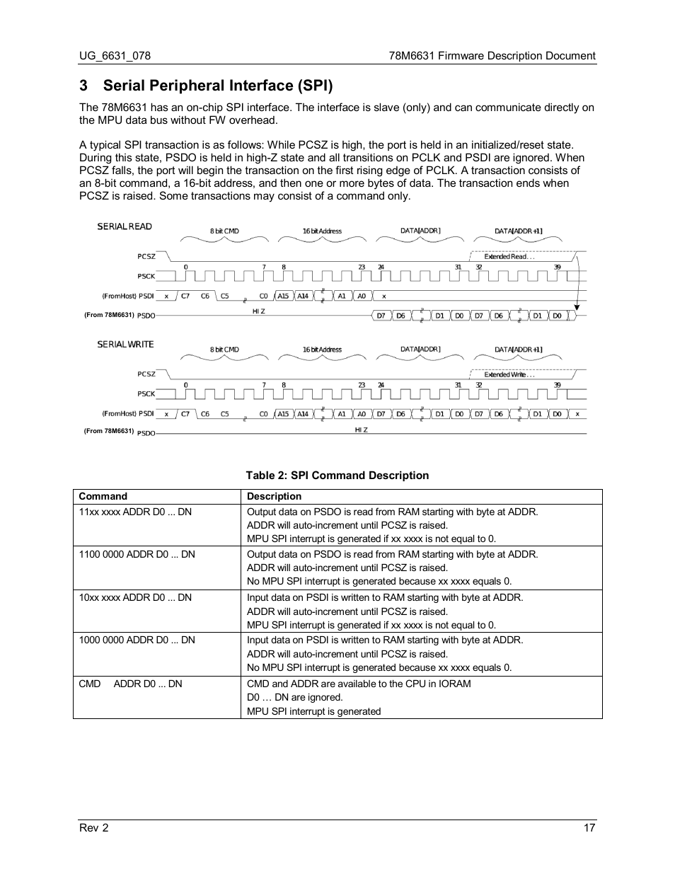 3 serial peripheral interface (spi), Serial peripheral interface (spi), Table 2: spi command description | Section 3 | Maxim Integrated 78M6631 User Manual | Page 17 / 32