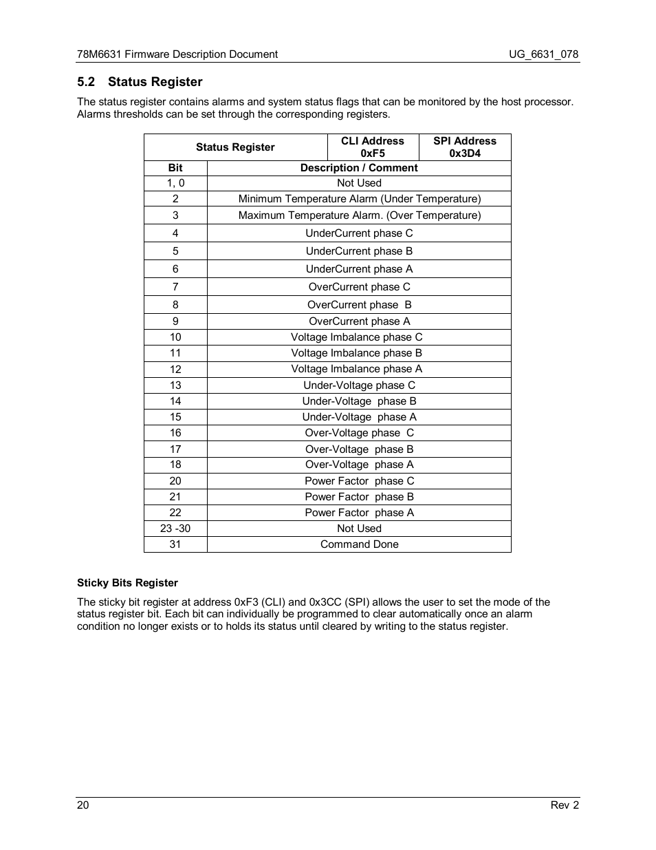 2 status register, Status register | Maxim Integrated 78M6631 User Manual | Page 20 / 32