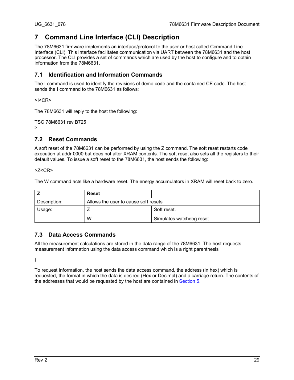 7 command line interface (cli) description, 1 identification and information commands, 2 reset commands | 3 data access commands, Command line interface (cli) description, Identification and information commands, Reset commands, Data access commands | Maxim Integrated 78M6631 User Manual | Page 29 / 32