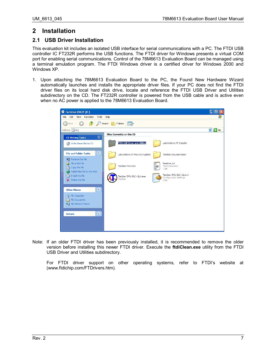 2 installation, 1 usb driver installation, Installation | Usb driver installation | Maxim Integrated 78M6613 Evaluation Board User Manual | Page 7 / 20