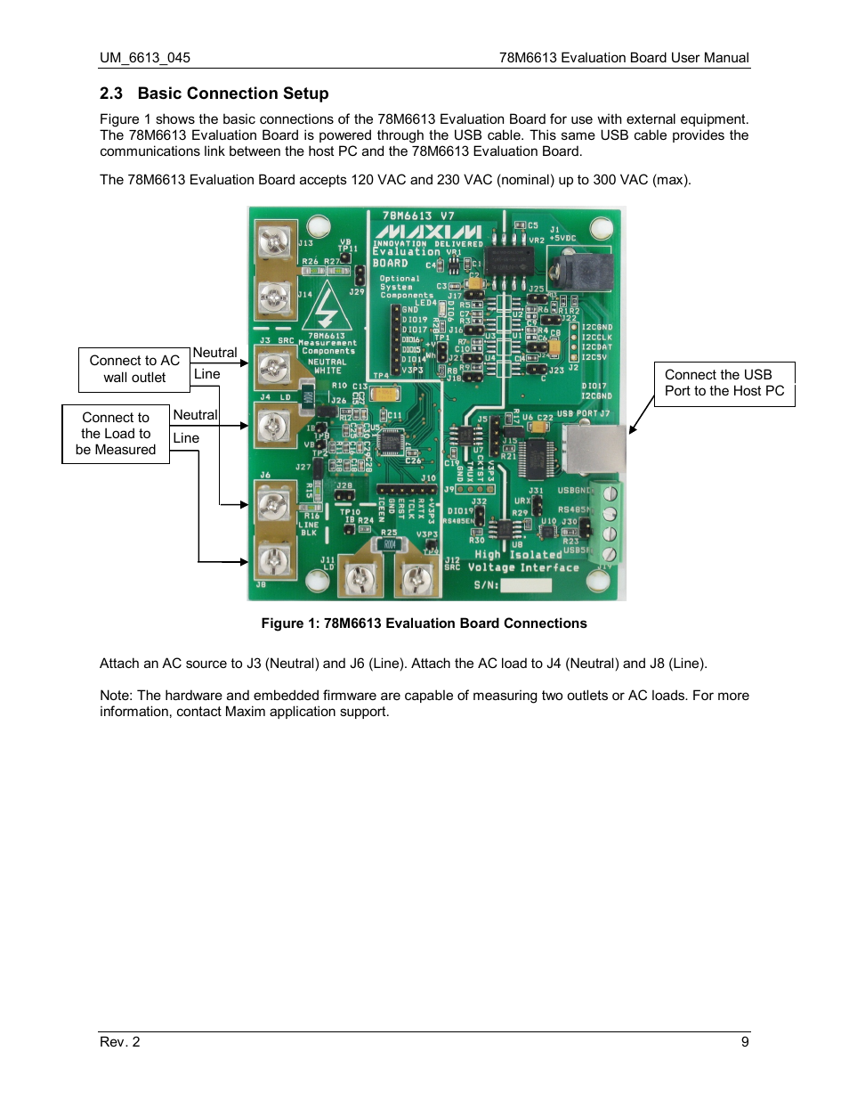 3 basic connection setup, Basic connection setup, Figure 1: 78m6613 evaluation board connections | Maxim Integrated 78M6613 Evaluation Board User Manual | Page 9 / 20