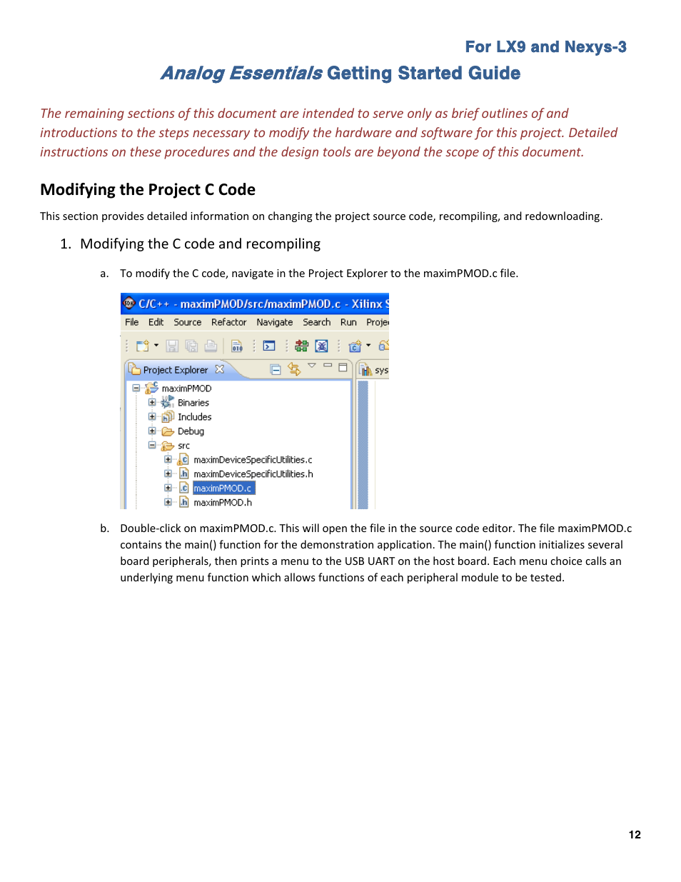 Analog essentials, Getting started guide, Modifying the project c code | Maxim Integrated Analog Essentials Getting Started Guide for LX9 and Nexys3 User Manual | Page 12 / 23