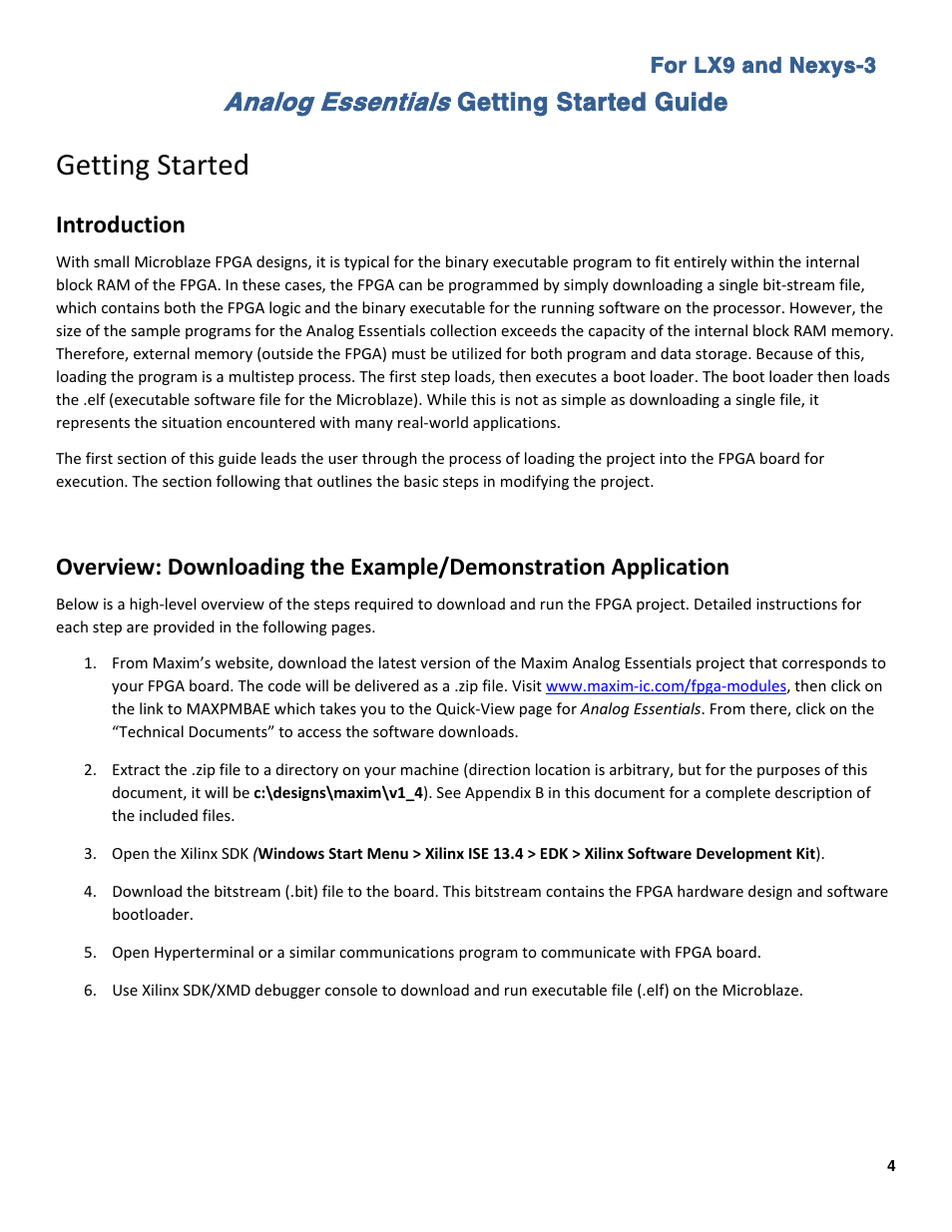 Getting started, Analog essentials, Getting started guide | Introduction | Maxim Integrated Analog Essentials Getting Started Guide for LX9 and Nexys3 User Manual | Page 4 / 23