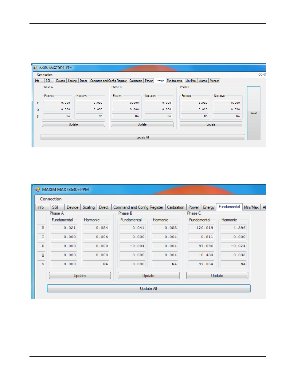 8 energy tab, 9 fundamental tab, Energy tab | Fundamental tab | Maxim Integrated MAX78630+PPM Evaluation Kit User Manual | Page 22 / 32