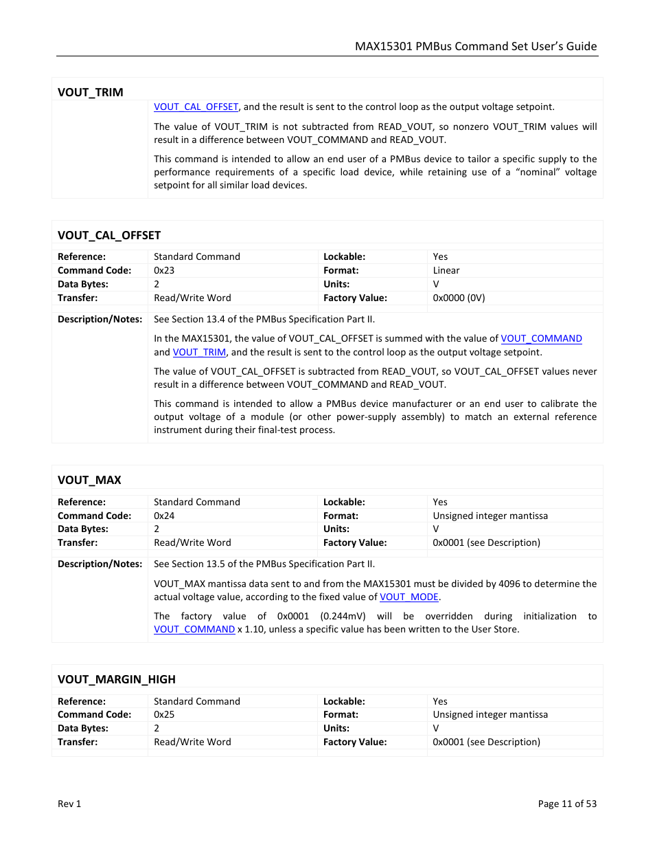 Vout_trim, Vout_cal_offset, Vout_max | Vout_margin_high | Maxim Integrated MAX15301 PMBus Command Set User Manual | Page 11 / 53