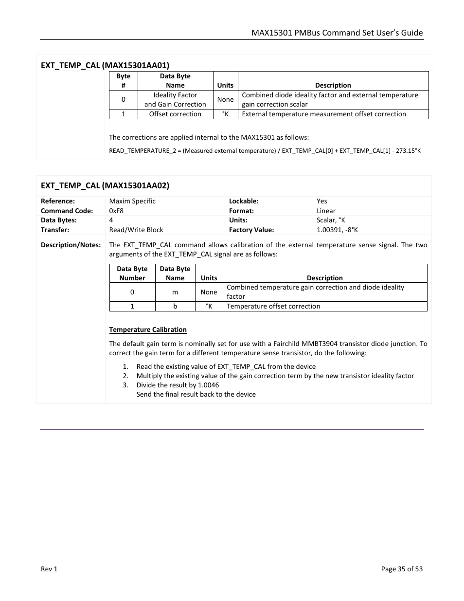 Ext_temp_cal (max15301aa01), Ext_temp_cal (max15301aa02) | Maxim Integrated MAX15301 PMBus Command Set User Manual | Page 35 / 53