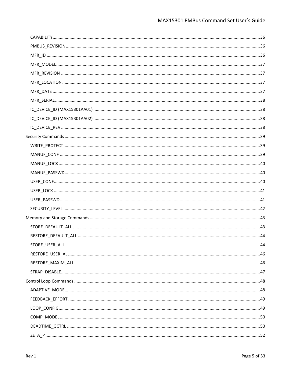 Maxim Integrated MAX15301 PMBus Command Set User Manual | Page 5 / 53