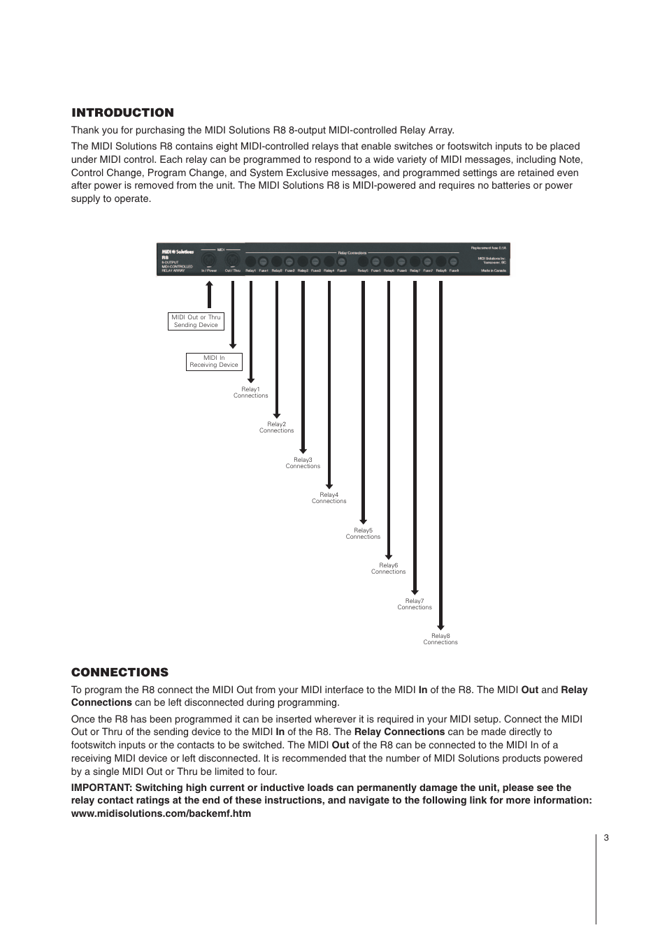 Introduction, Connections | MIDI Solutions R8 8-output MIDI-controlled Relay Array User Manual | Page 3 / 10