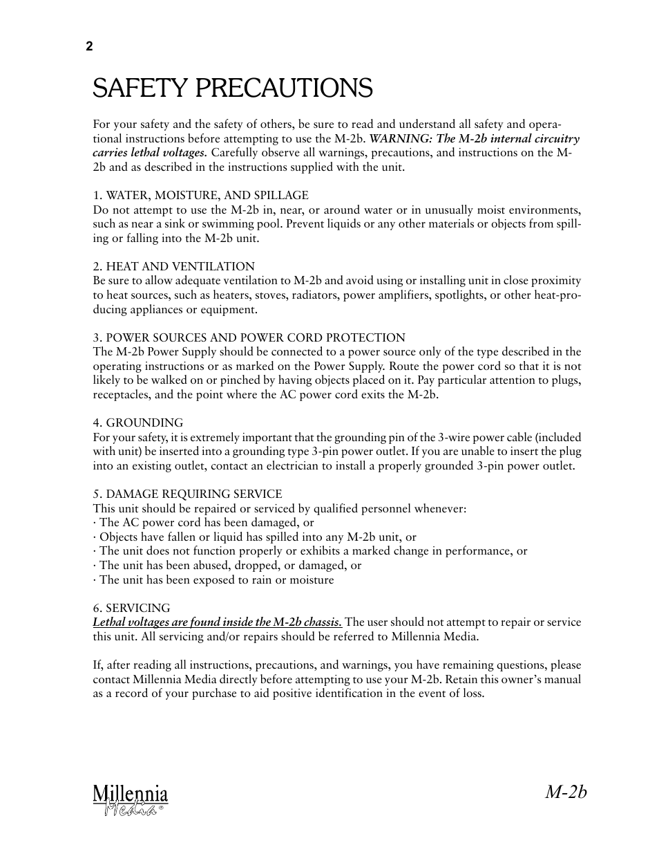 Safety precautions, M-2b | Millennia M-2B Transformerless Vacuum Tube Stereo Microphone Preamplifier User Manual | Page 2 / 11