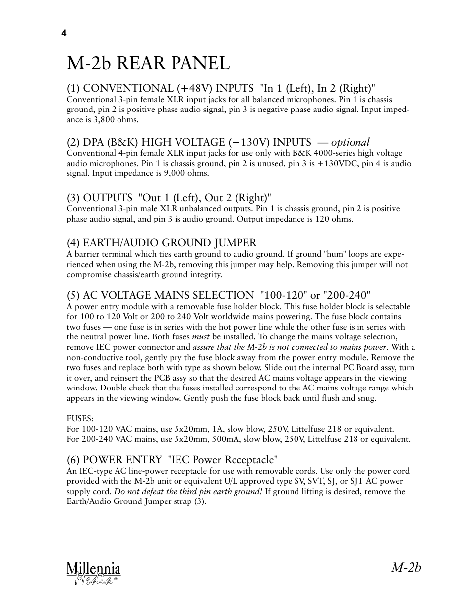 M-2b rear panel, M-2b | Millennia M-2B Transformerless Vacuum Tube Stereo Microphone Preamplifier User Manual | Page 4 / 11