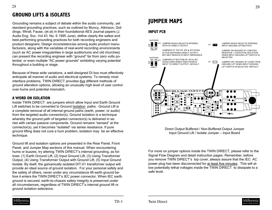 Jumper maps, Ground lifts & isolates, Twin direct 2 | Input pcb, A word on isolation, Millennia | Millennia TD-1 Twin Topology Half Rack Recording Channel User Manual | Page 15 / 19
