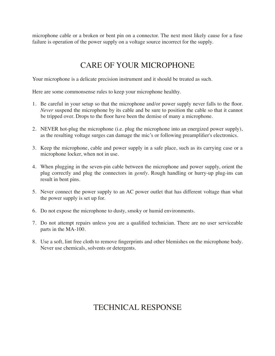 Care of your microphone, Technical response | Mojave Audio MA-100SP User Manual | Page 5 / 8