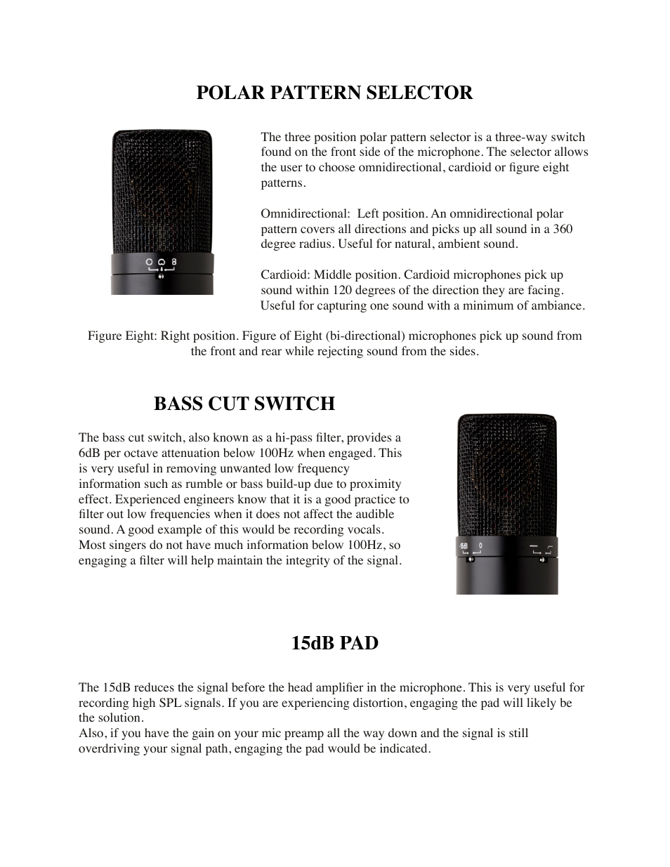 Polar pattern selector, Bass cut switch, 15db pad | Mojave Audio MA-301fet User Manual | Page 7 / 8