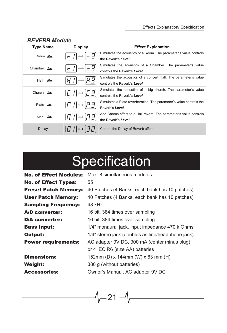 Specification, Reverb module | MOOER BEM Box LE User Manual | Page 22 / 26