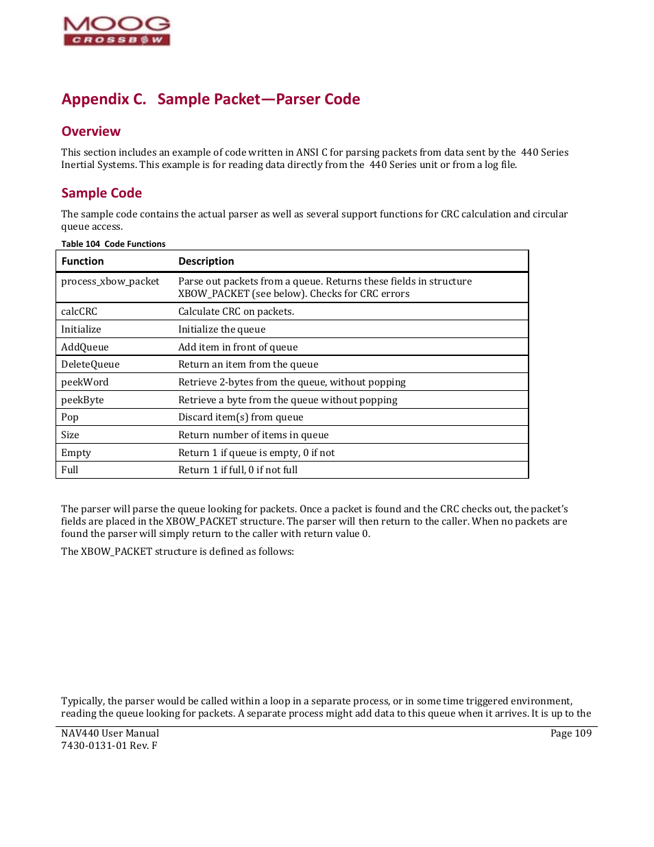 95b95b95boverview, 96b96b96bsample code, Overview sample code | Appendix d, Sample packet decoding, Table 104 code functions, Appendix c. sample packet— parser code, D on the final value, Overview, Appendix c. sample packet—parser code | Moog Crossbow NAV440 Series User Manual | Page 109 / 128