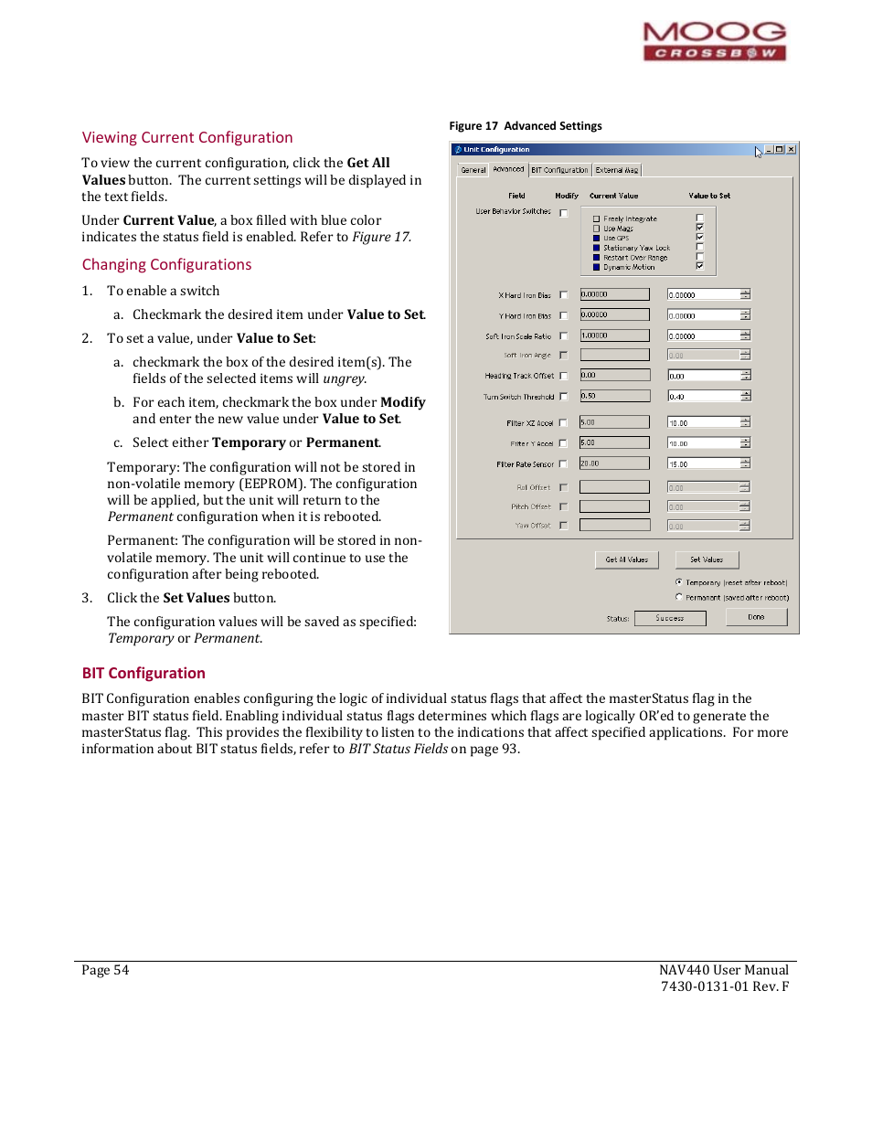 Viewing current configuration, Changing configurations, 125b125b125bbit configuration | Bit configuration, Figure 17 advanced settings, Bit config, S within, Ion, pag | Moog Crossbow NAV440 Series User Manual | Page 54 / 128