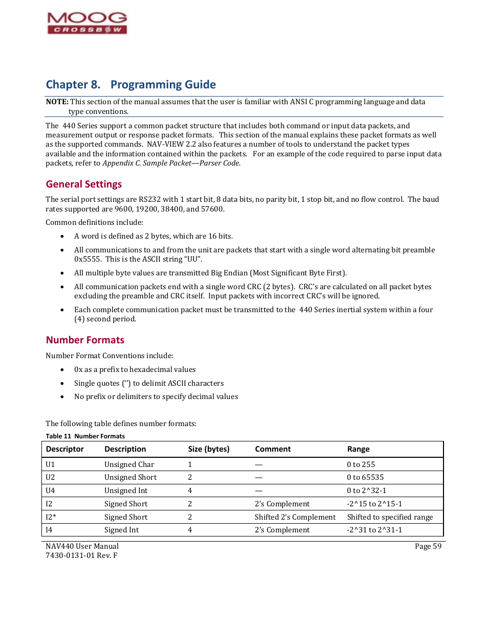Chapter 8. 14b14b14bprogramming guide, 57b57b57bgeneral settings, 58b58b58bnumber formats | General settings, Number formats, Table 11 number formats, Chapter 8. programming guide | Moog Crossbow NAV440 Series User Manual | Page 59 / 128