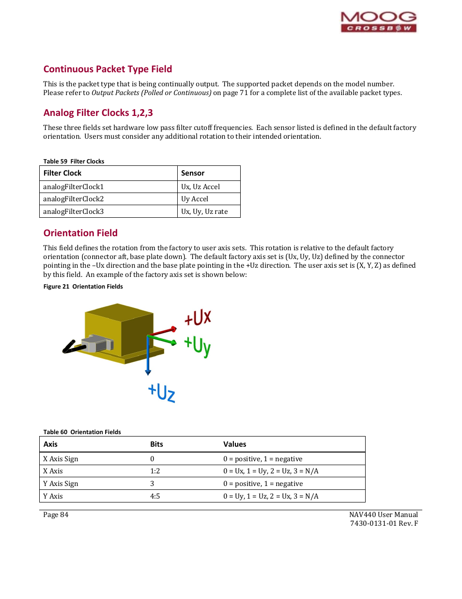 65b65b65bcontinuous packet type field, 66b66b66banalog filter clocks 1,2,3, 67b67b67borientation field | Configuration fields, Continuous packet type field, Analog filter clocks 1,2,3, Orientation field, Table 59 filter clocks, Table 60 orientation fields, Er to orientation field on | Moog Crossbow NAV440 Series User Manual | Page 84 / 128