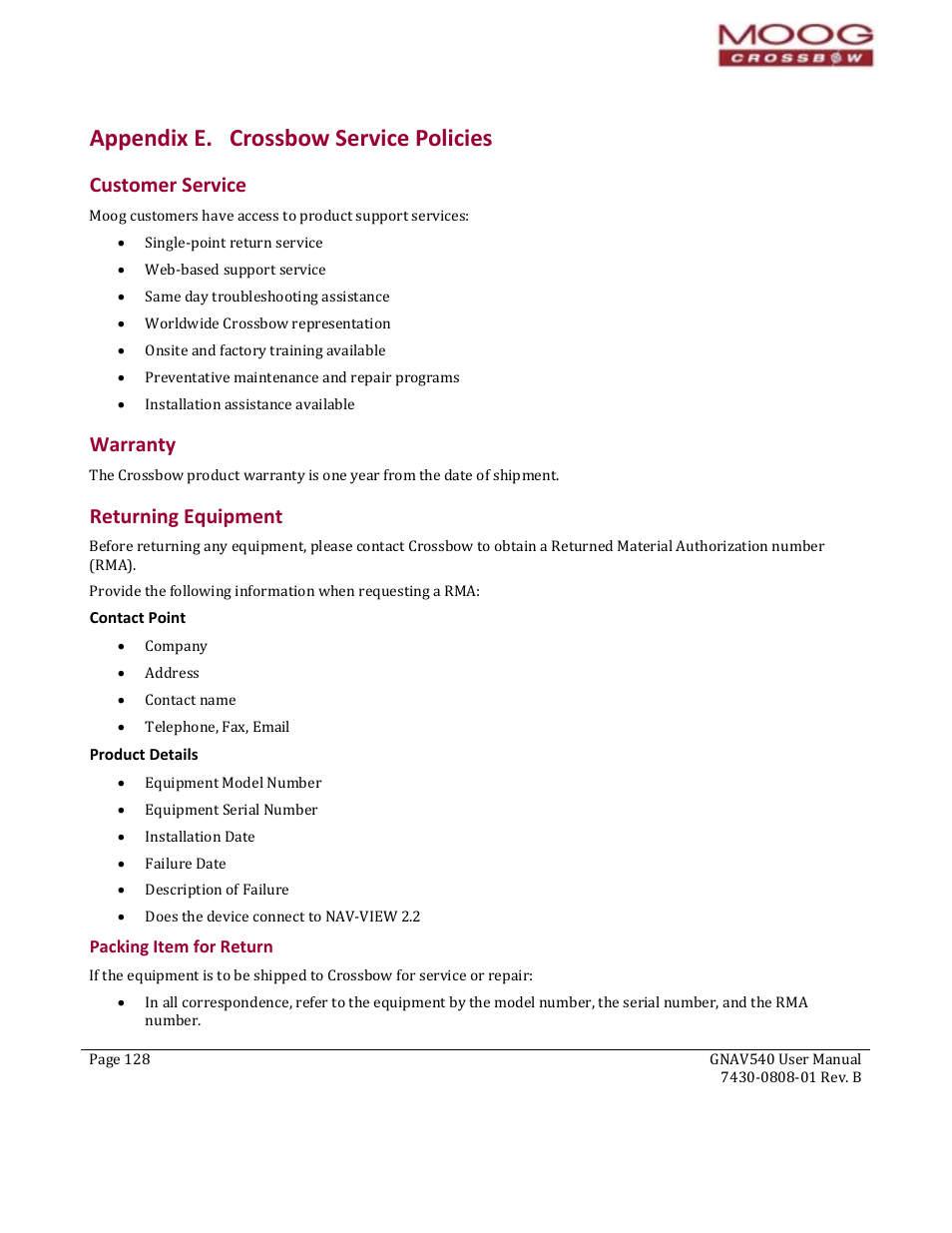 Appendix e. crossbow service policies, Customer service, Warranty | Returning equipment, Warranty re, Turning equipment, Packing item for return, Ing firmware (dmu upg, O the uni, Customer service (r | Moog Crossbow GNAV540 User Manual | Page 128 / 132