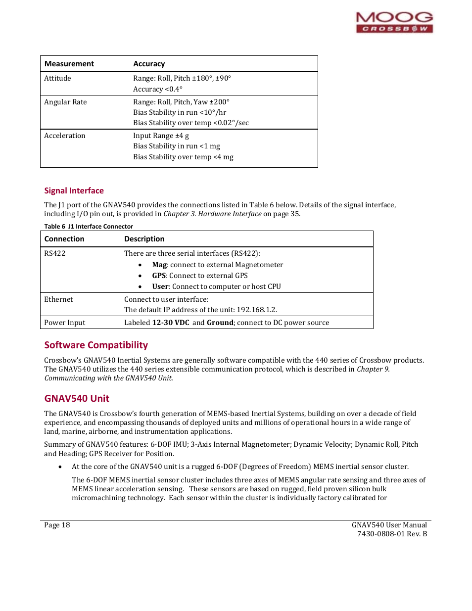 Signal interface, Connection, Description | Software compatibility, Gnav540 unit, Software compatibility gnav540 unit, Apter 2, Gnfav540 functions, Table 6 j1 interface connector, Pter provides a hig | Moog Crossbow GNAV540 User Manual | Page 18 / 132