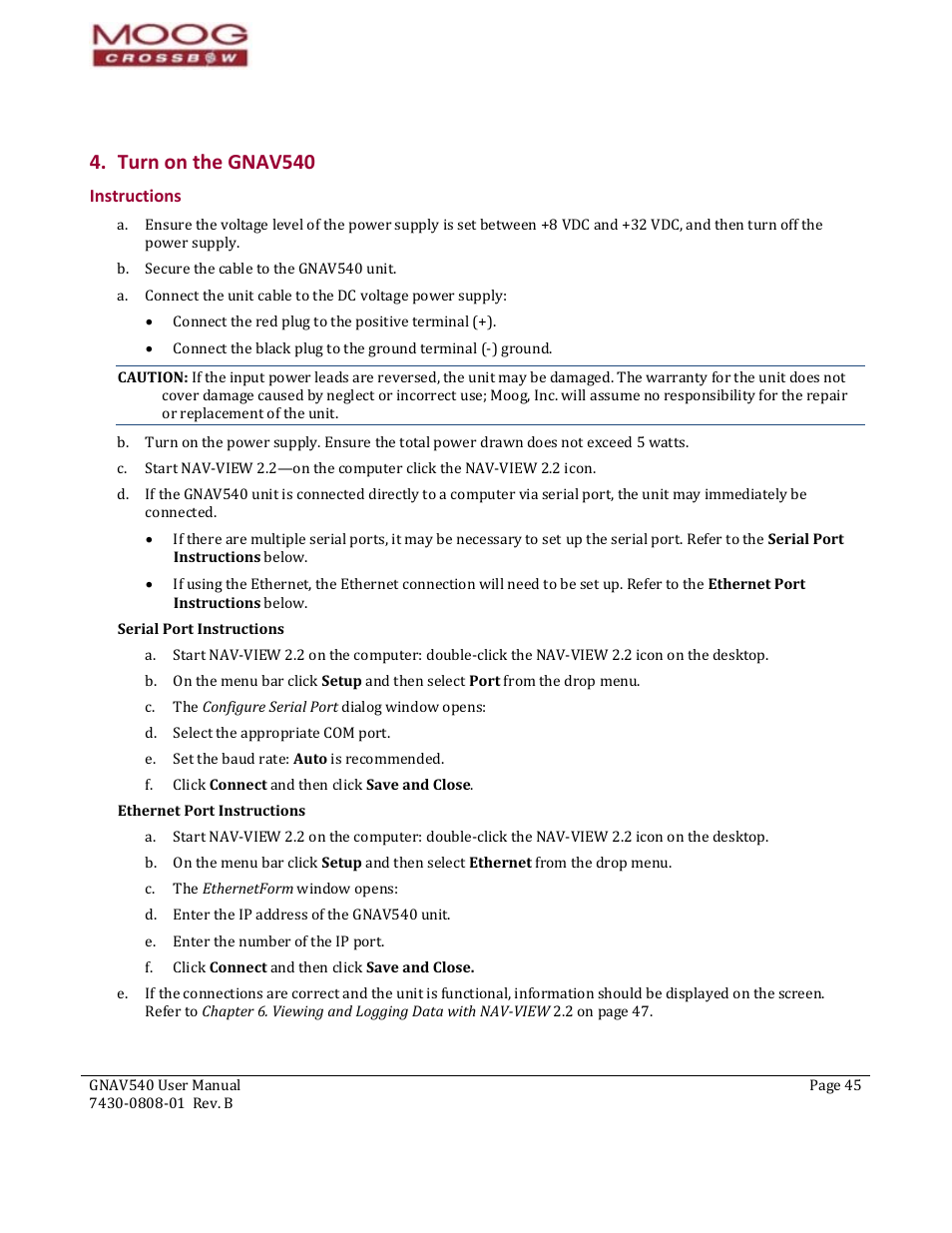 Turn on the gnav540, Instructions | Moog Crossbow GNAV540 User Manual | Page 45 / 132